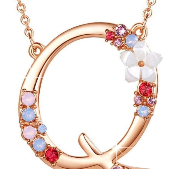 Jewelry - Flower Initial Letter Necklace Pink Red Blue Simulated Pearl Pendant Name Jewelr